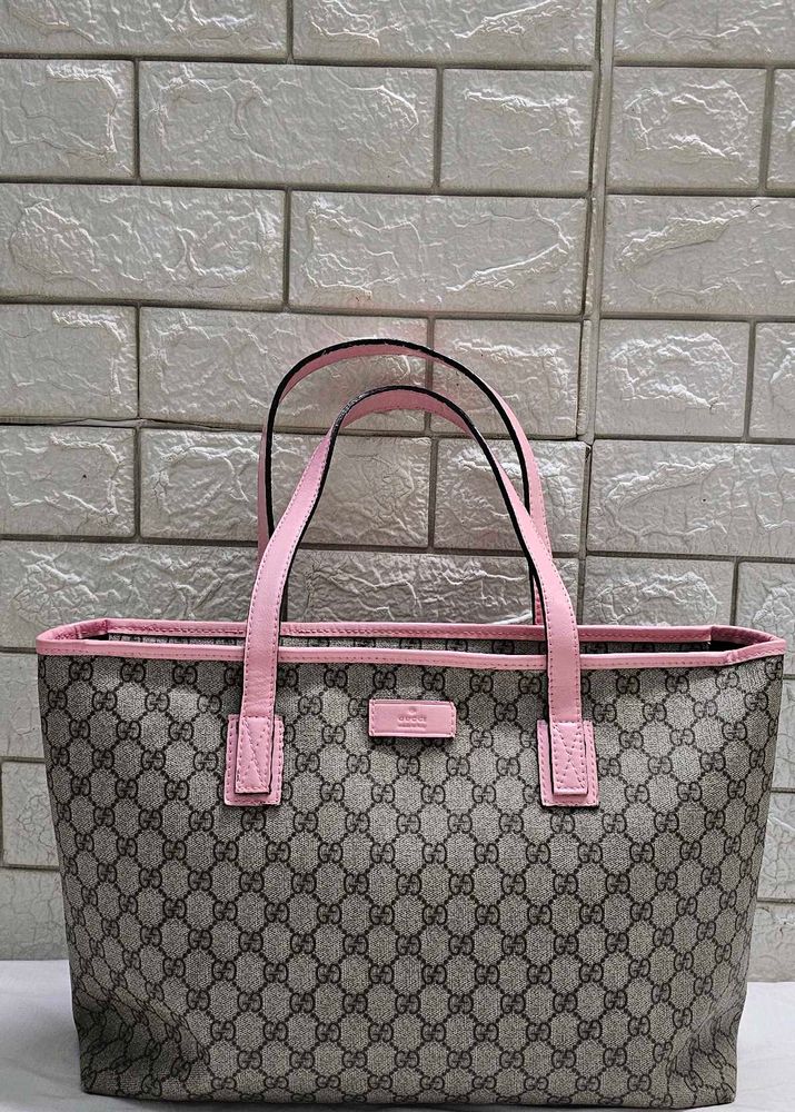 Authentic GUCCI GG Tote Bag Beige Pink Leather