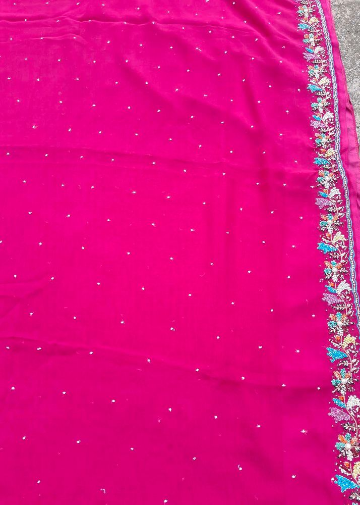 Pink colour hend work saree