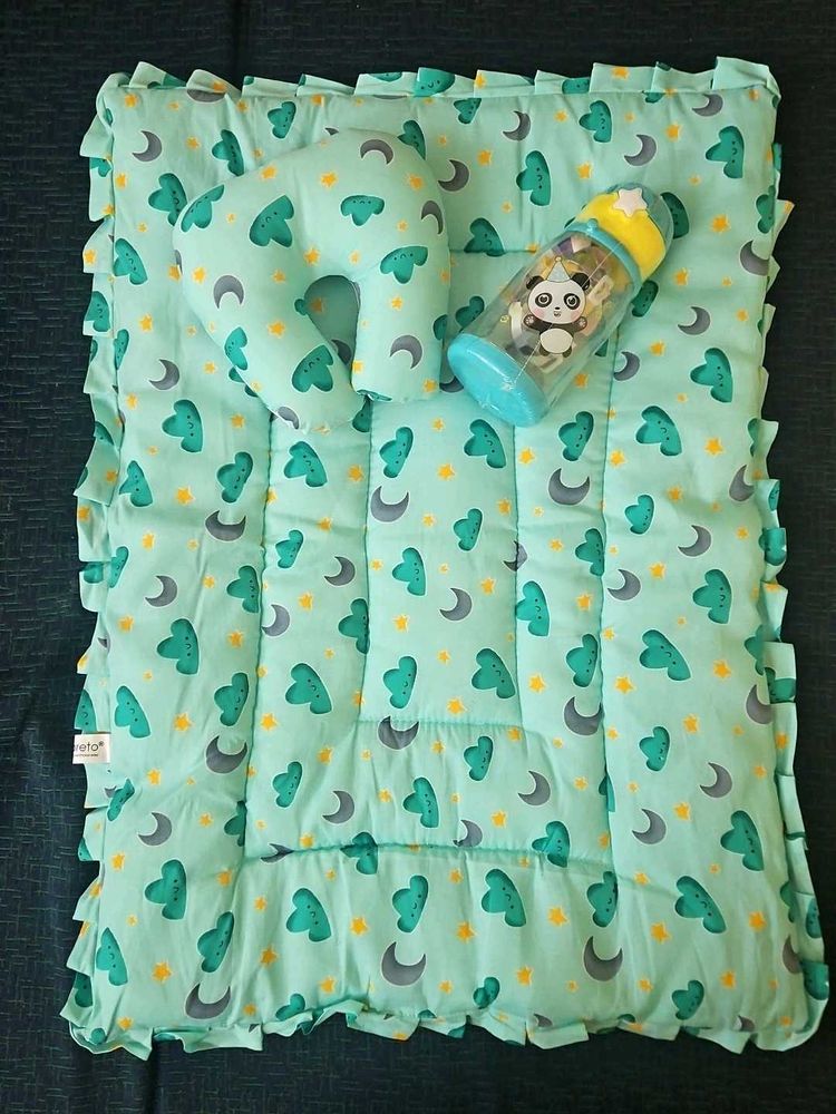 Dual-Sided Baby Bed + Sealed Pack Bottle &amp; Pillow