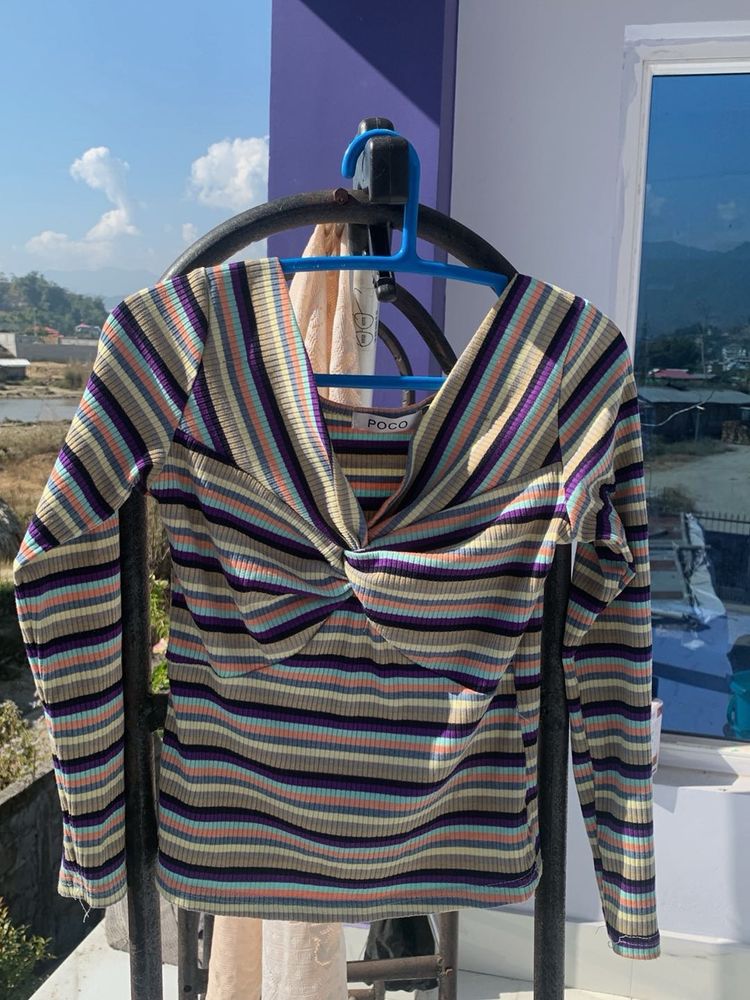 Striped Twist-Front Long Sleeve Top