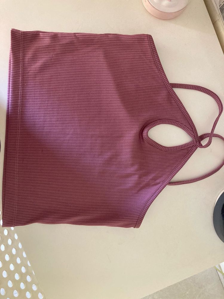 Mauve Ribbed Halter Tank Top