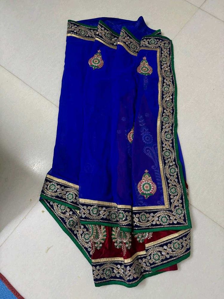 Royal Blue &amp; Red Saree Lehenga-Embroidered Blouse