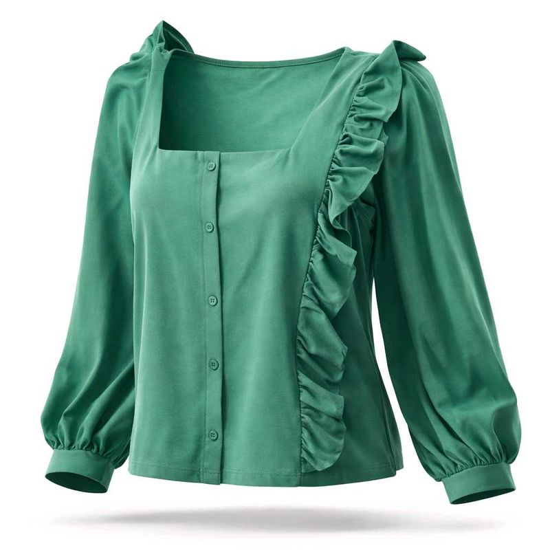 Ruffled Green Button-Down Top