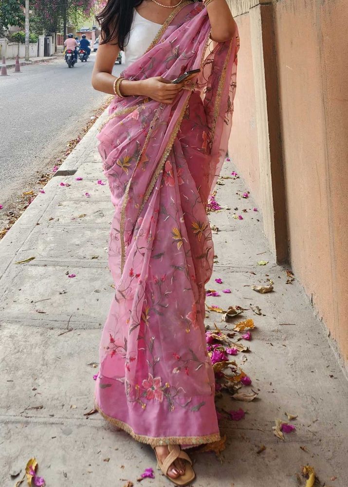 Pink Floral Organza Dress/Saree Material