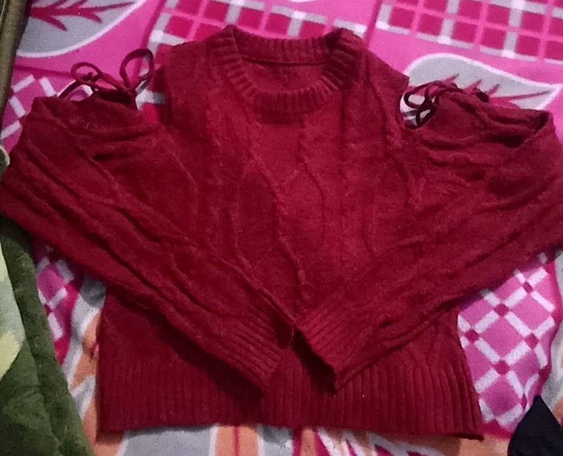 Red Cold Shoulder Knit Sweater ❤️