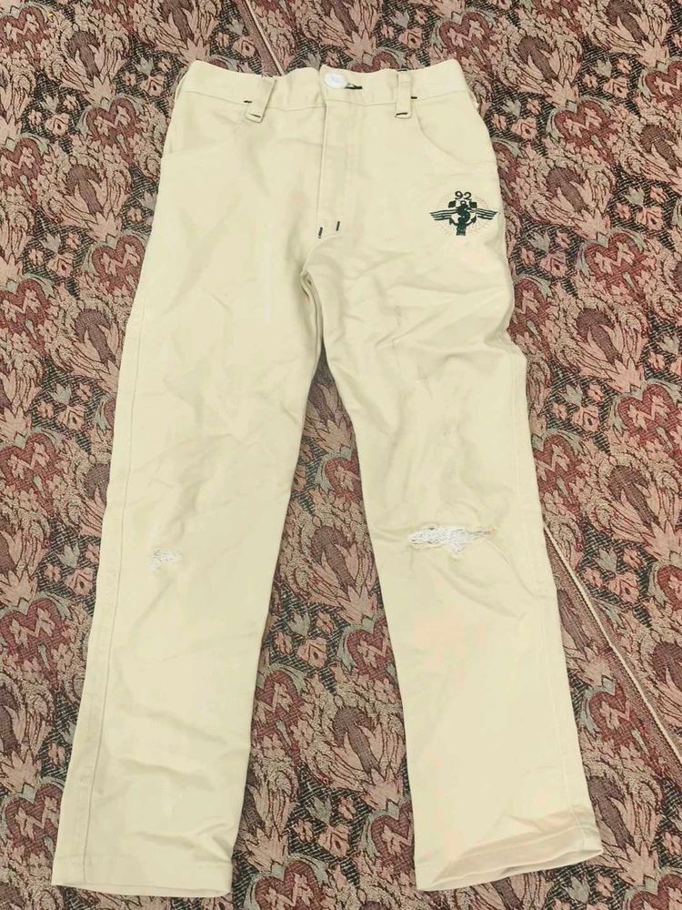Beige Embroidered Jeans