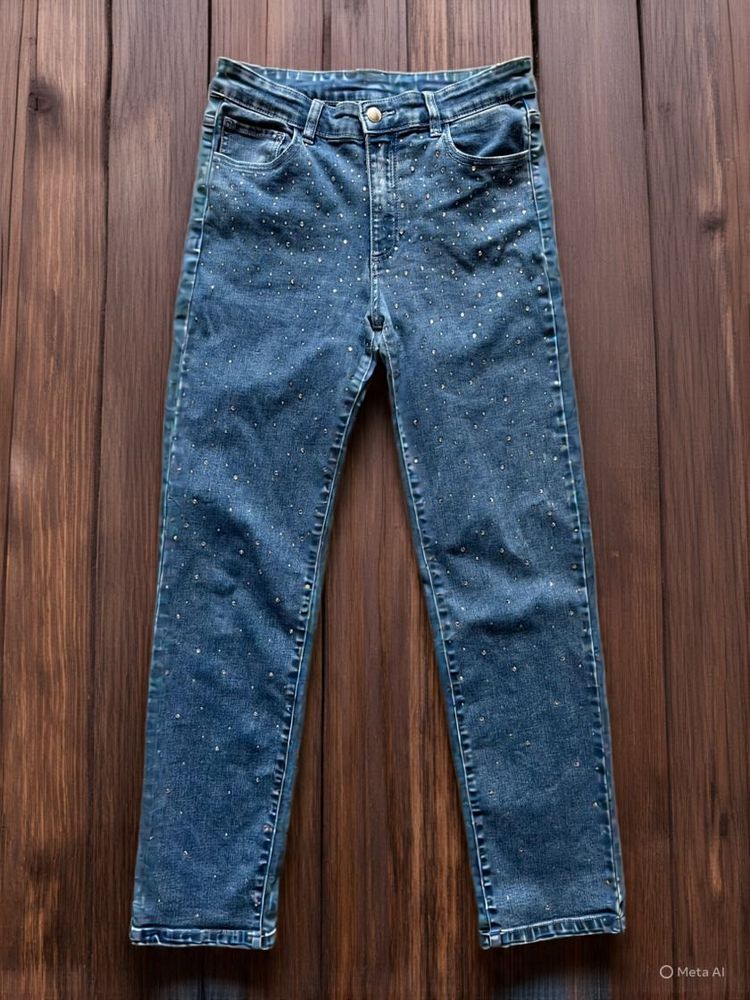 embellished rhinestones high waist Denim Jeans