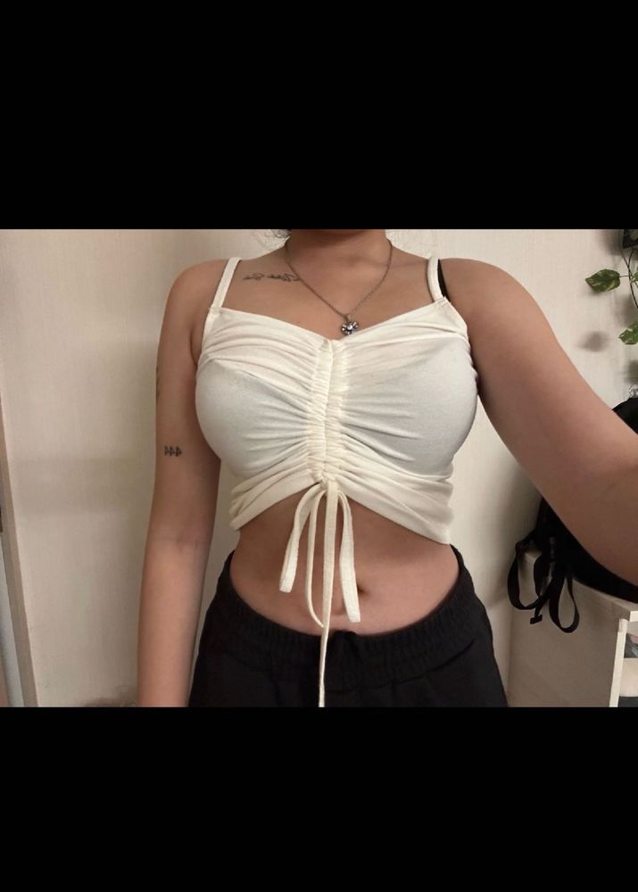 White Ruched Drawstring Crop Top