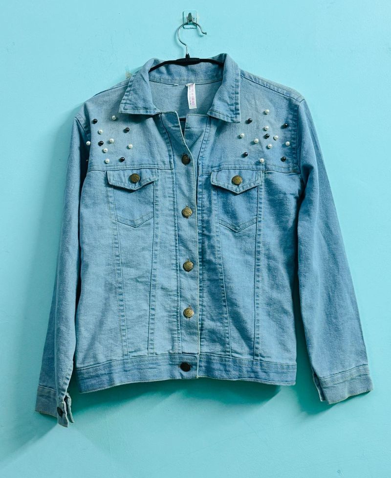 Denim Jacket with Pearl Detail