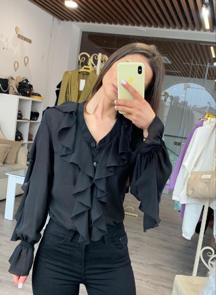 Mango Sequence Ruffled Black Blouse