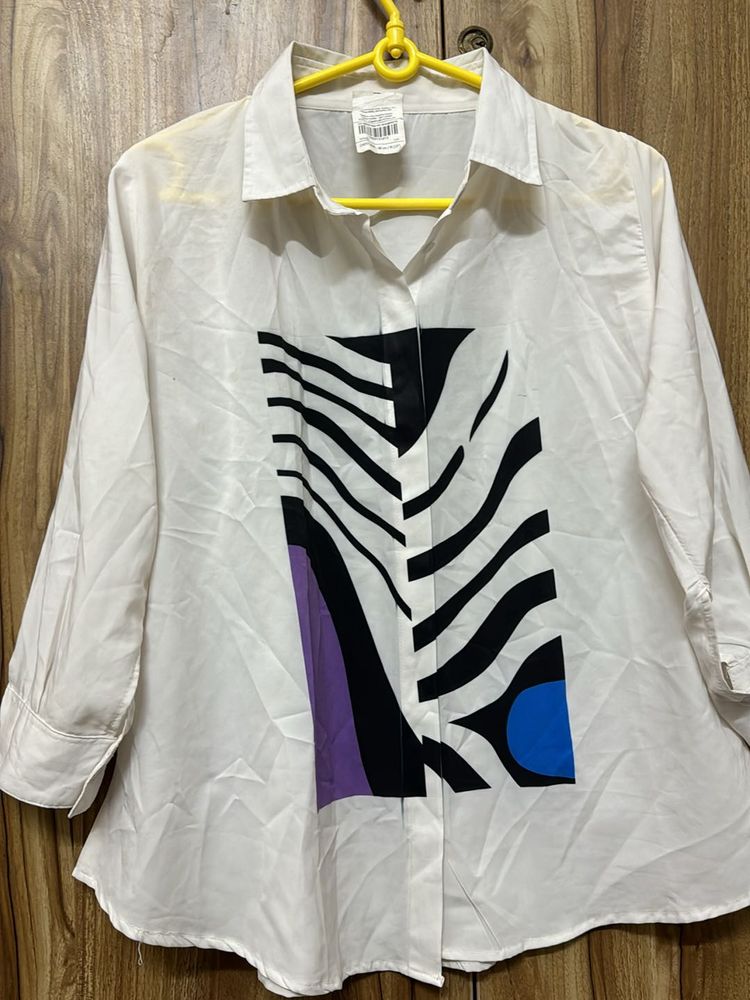 White Graphic Print Button-Down Shirt