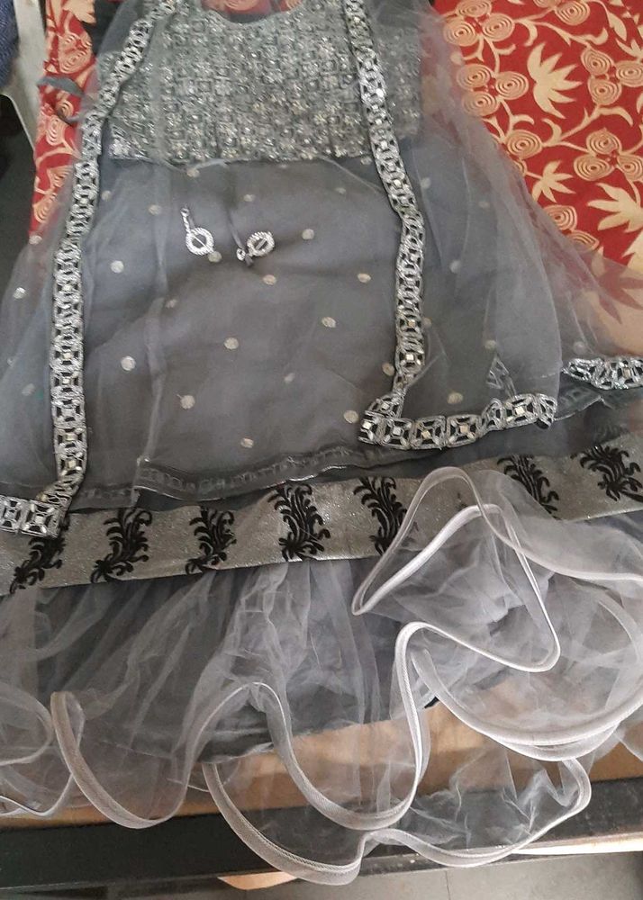 Grey Lehanga With Mirror Work. 4 Piece Set