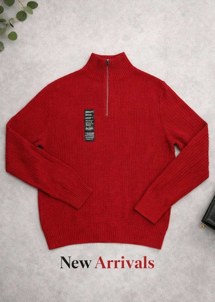 Red Zip-Up Knit Sweater