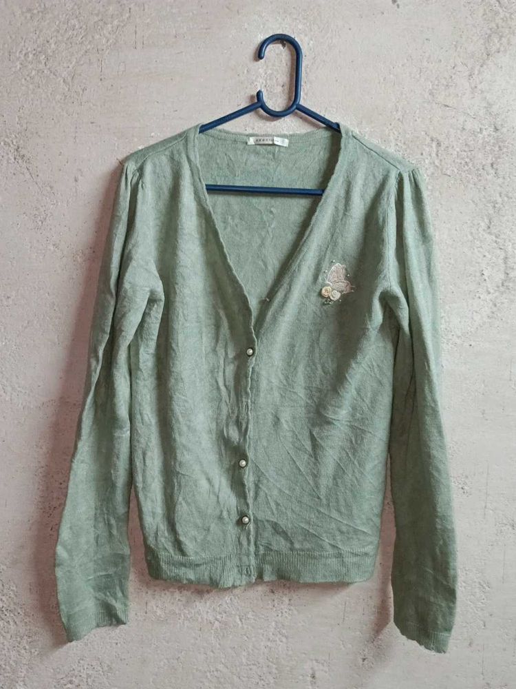 Sage Green Cardigan with Floral Detail