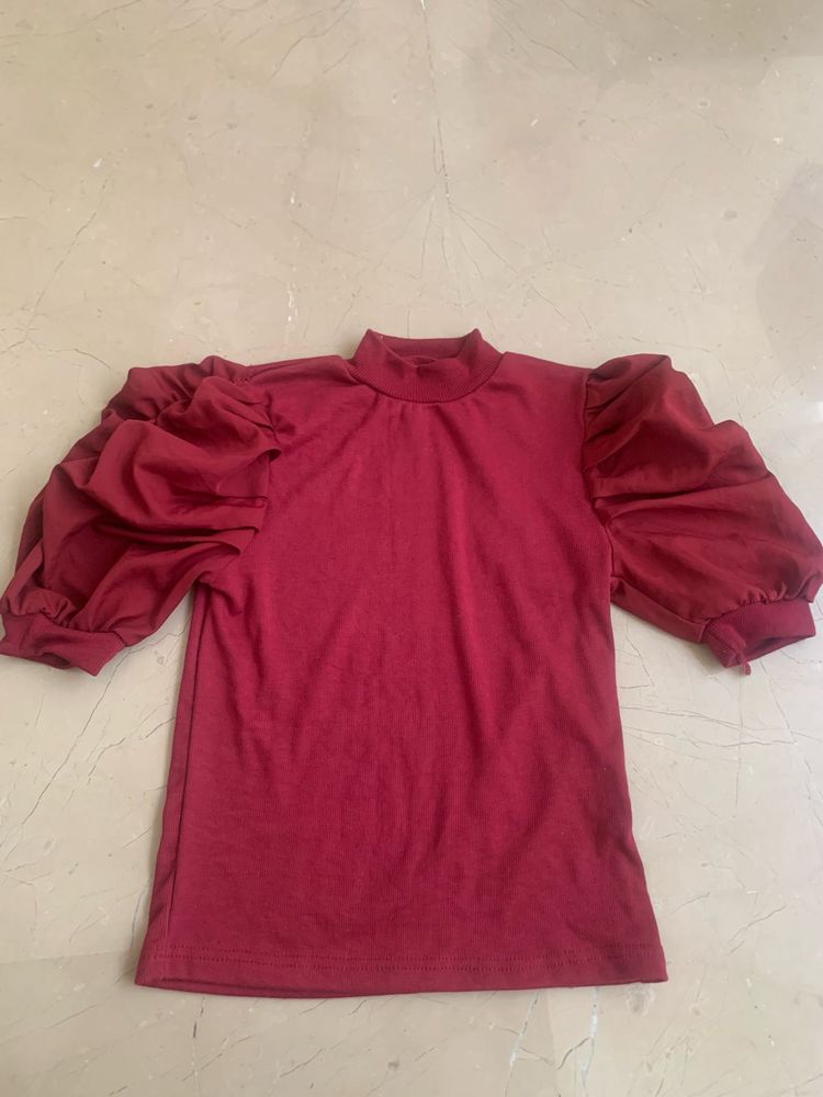 Wine Red Puff Sleeve Top with Mock Neck