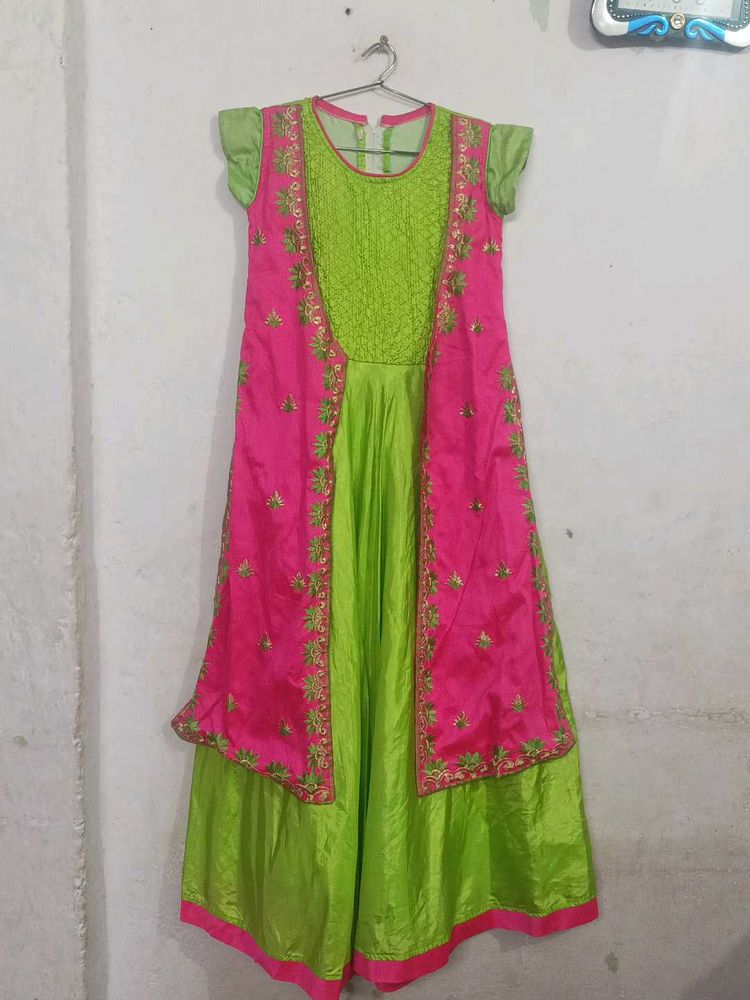 Pink &amp; Green Embroidered Dress