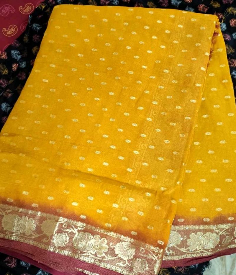 Yellow Polka Dot Saree with Floral Border