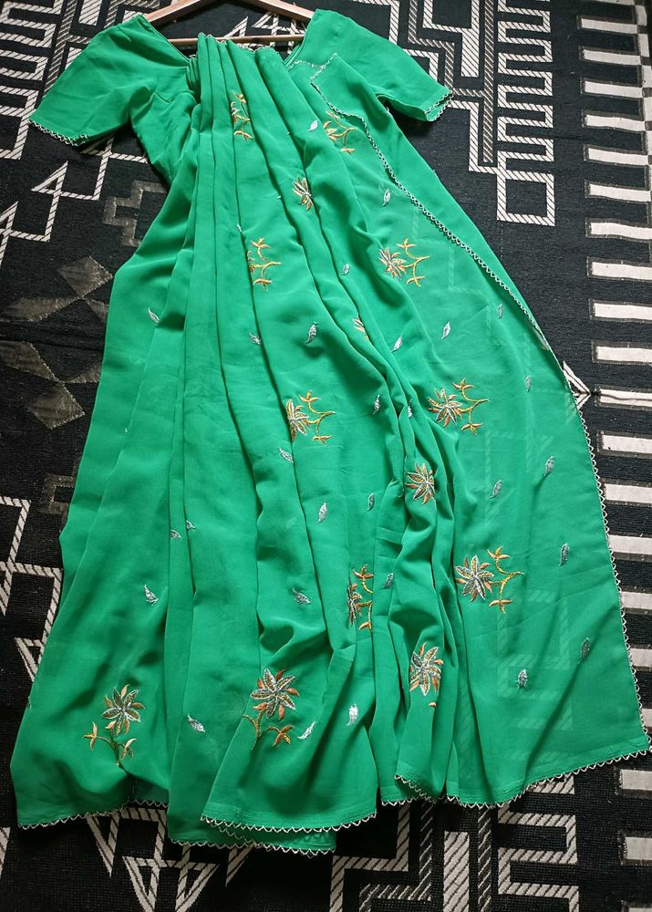 Green Embroidered Georgette Saree With Blouse