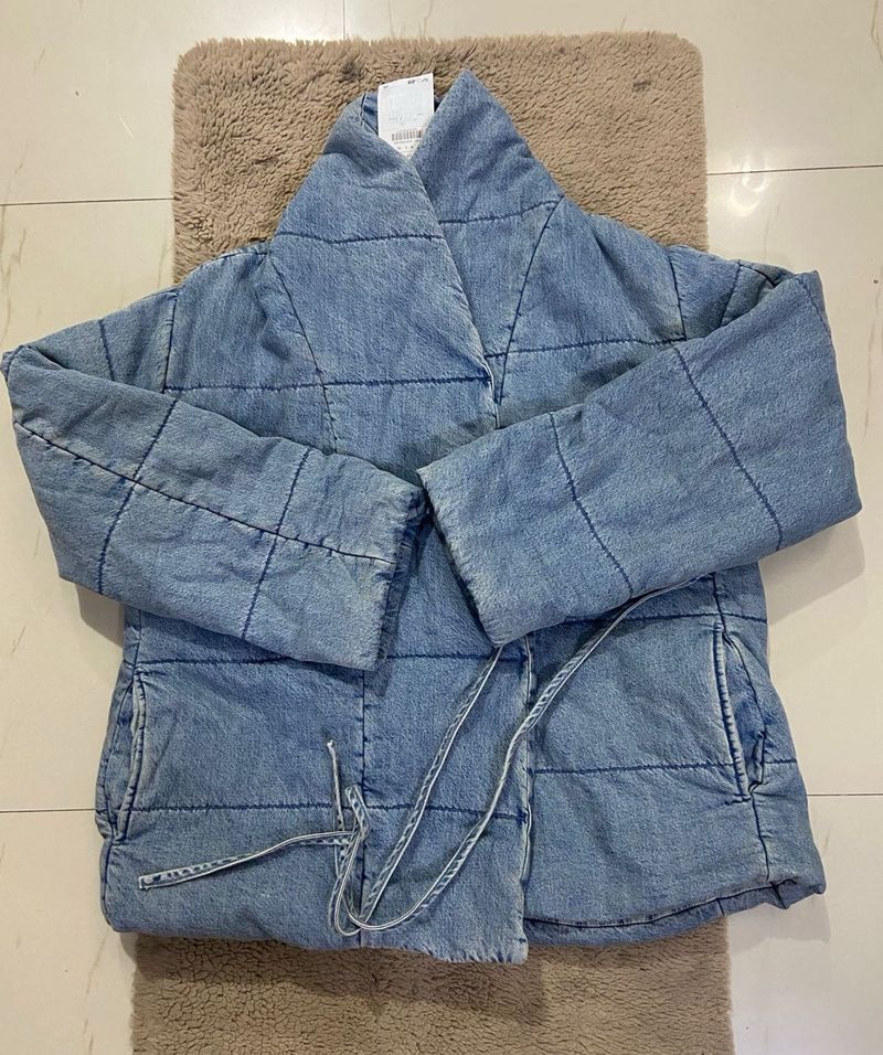 Longline tie front Denim Quilted Jacket