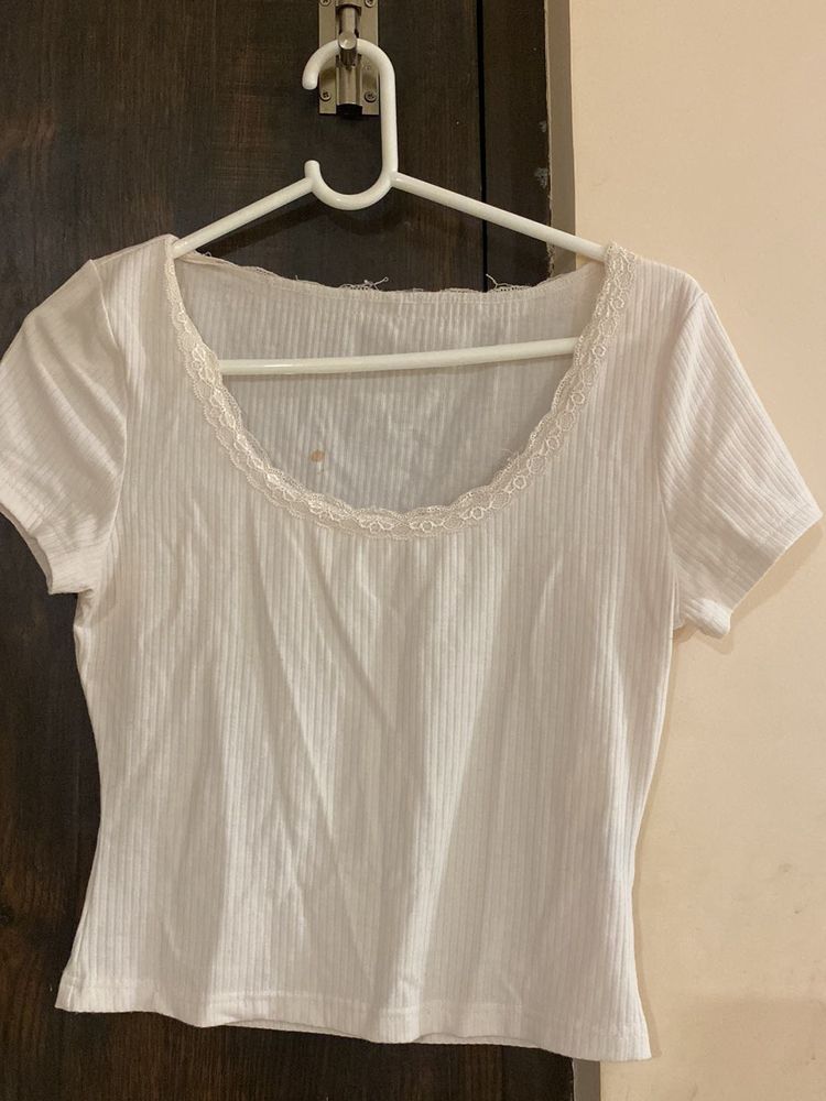 White Lace Trim Crop Top