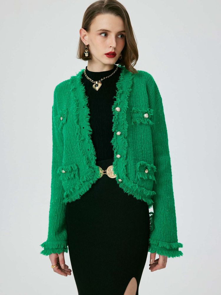 SOLID V-NECK FRINGE BUTTON UP OVERSIZED CARDIGAN