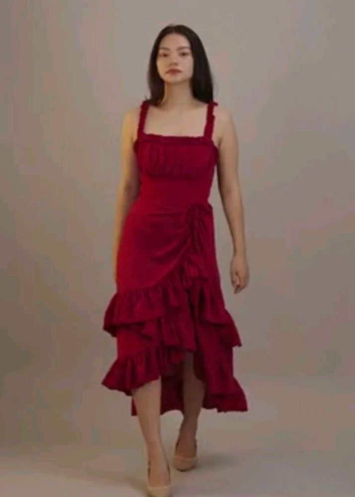 Vintage Burgundy Ruffled Midi Dress