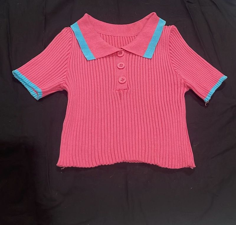 Pink Ribbed Button Top