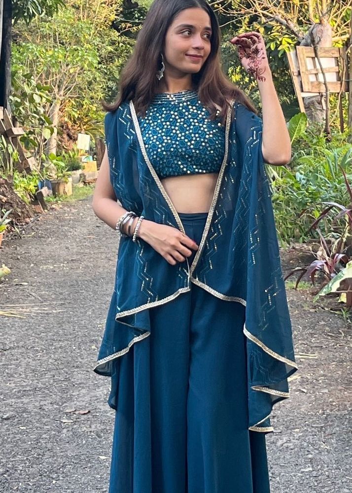 Teal Blue Sequin Crop Top Palazzo Set