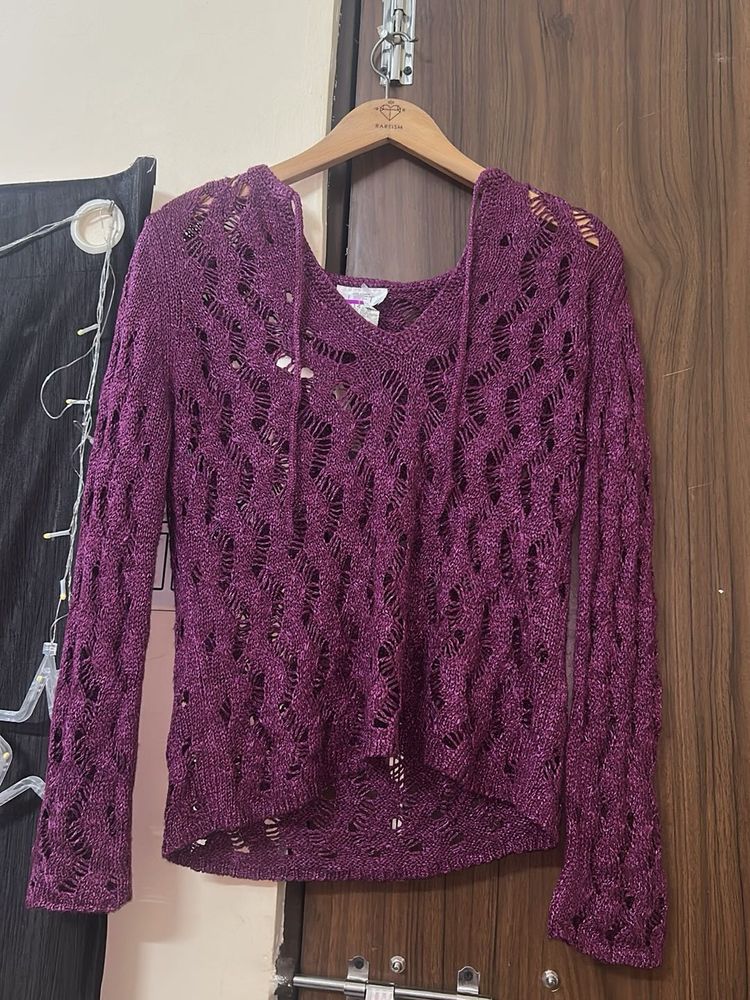 Purple Crochet Knit Hoodie