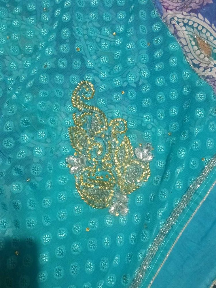 Elegant Blue Embellished Saree with stiched blouse