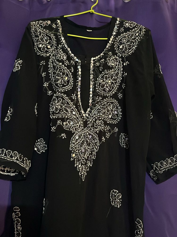Chiffon Chikonkari Kurta With Mirror Works