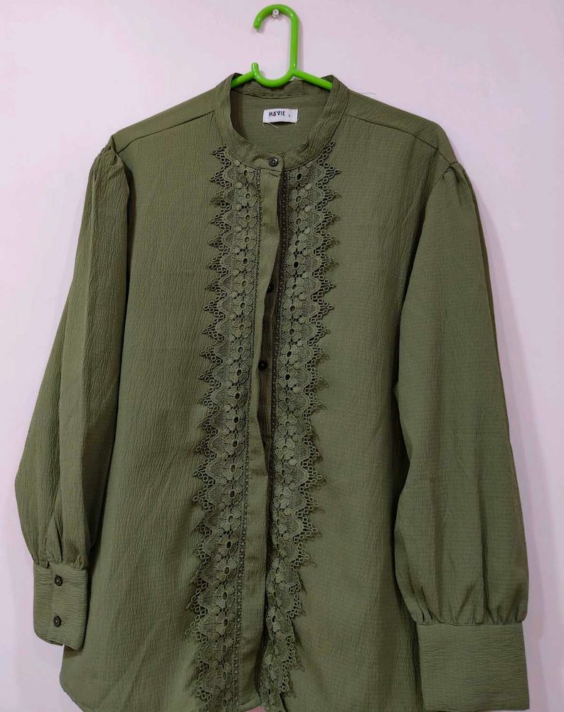 Olive Green Shirt-Style Top with Lace &amp; BellSleves