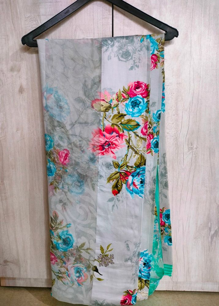 🌸Soft Satin Floral Saree - Gently Used