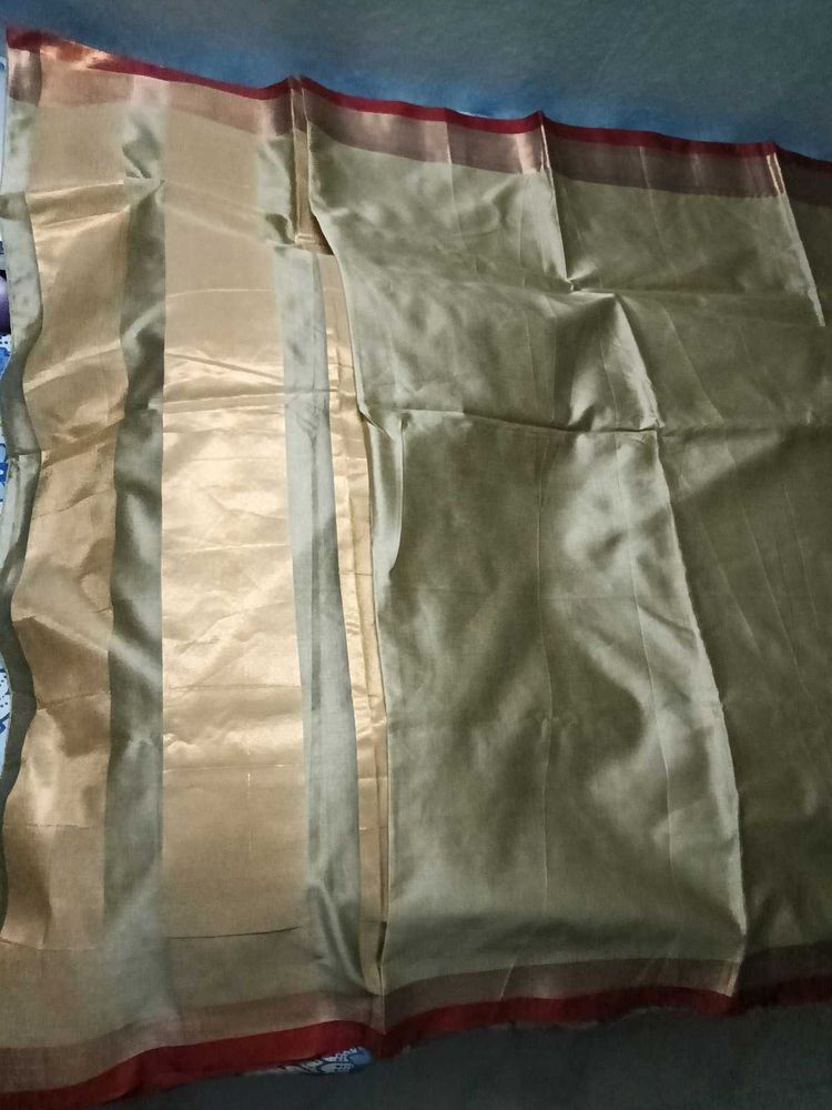 Brand New CottonSilk Saree with Golden SmallLaceBo