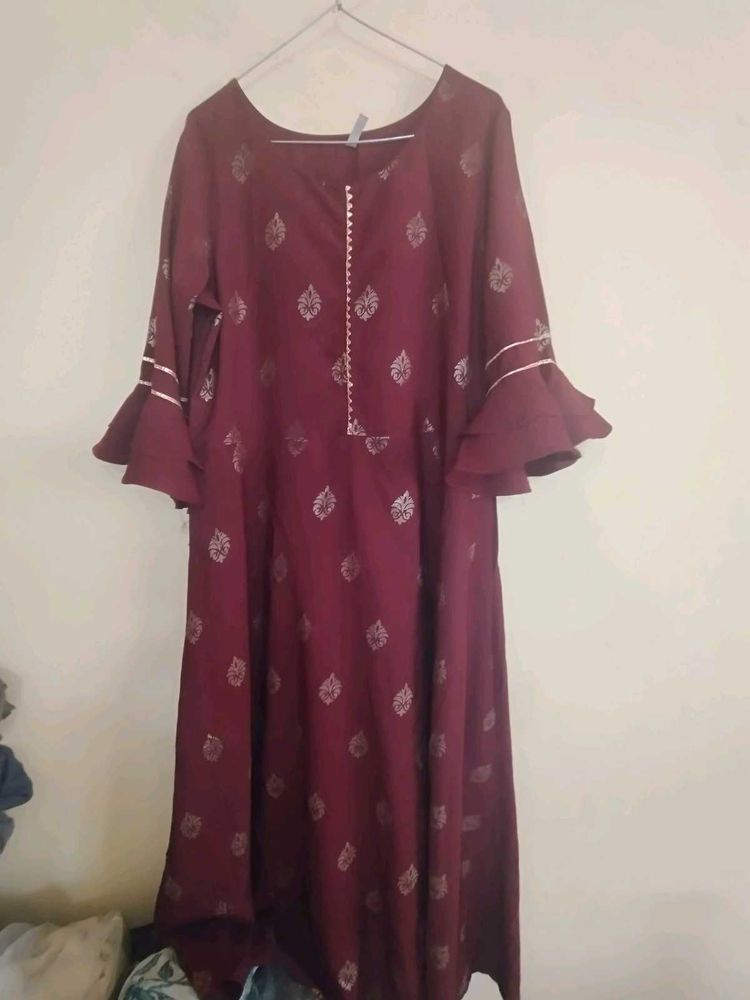 Maroon Printed Kurta with Bell Sleeves