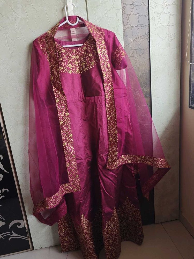 Wine Colour Ethnic Gown With Net Dupatta