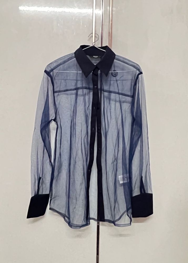 SHEIN Navy Blue Sheer Button-Down Shirt