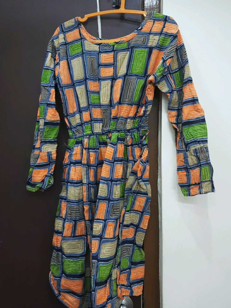 Retro Print Long Sleeve Dress