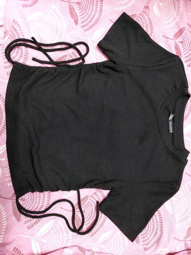 Zara Ribbed Crop Top Size 28 With Adjustable Cords