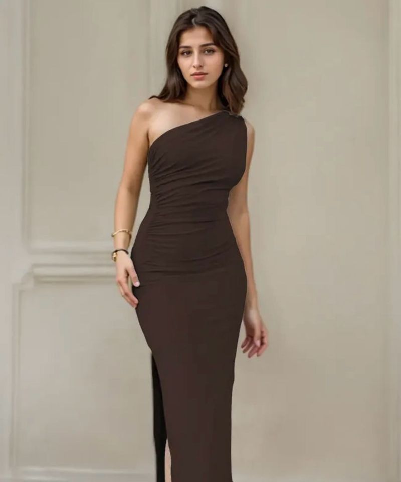 Elegant Brown One-Shoulder Dress