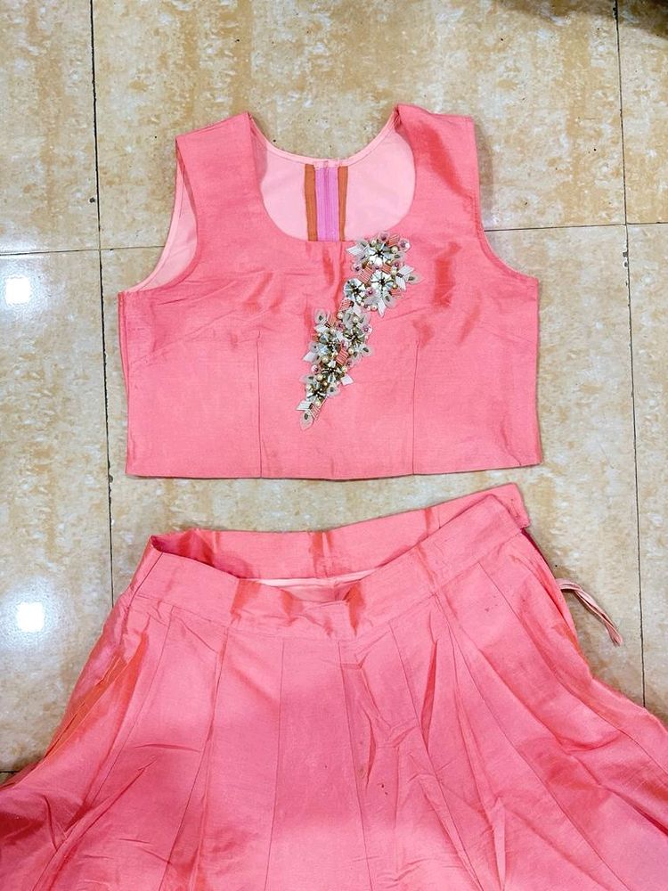 Peach Lehenga Choli With Blue Heavy Jacket
