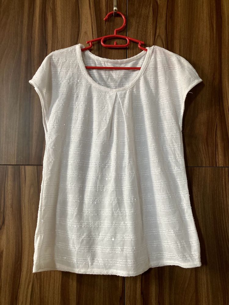 White Textured Cotton Short Sleeve Top for Women