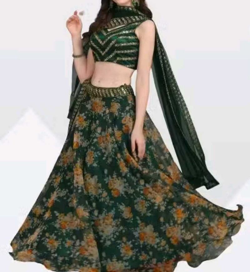 Beautiful Emerald Green Floral Lehenga For Womens