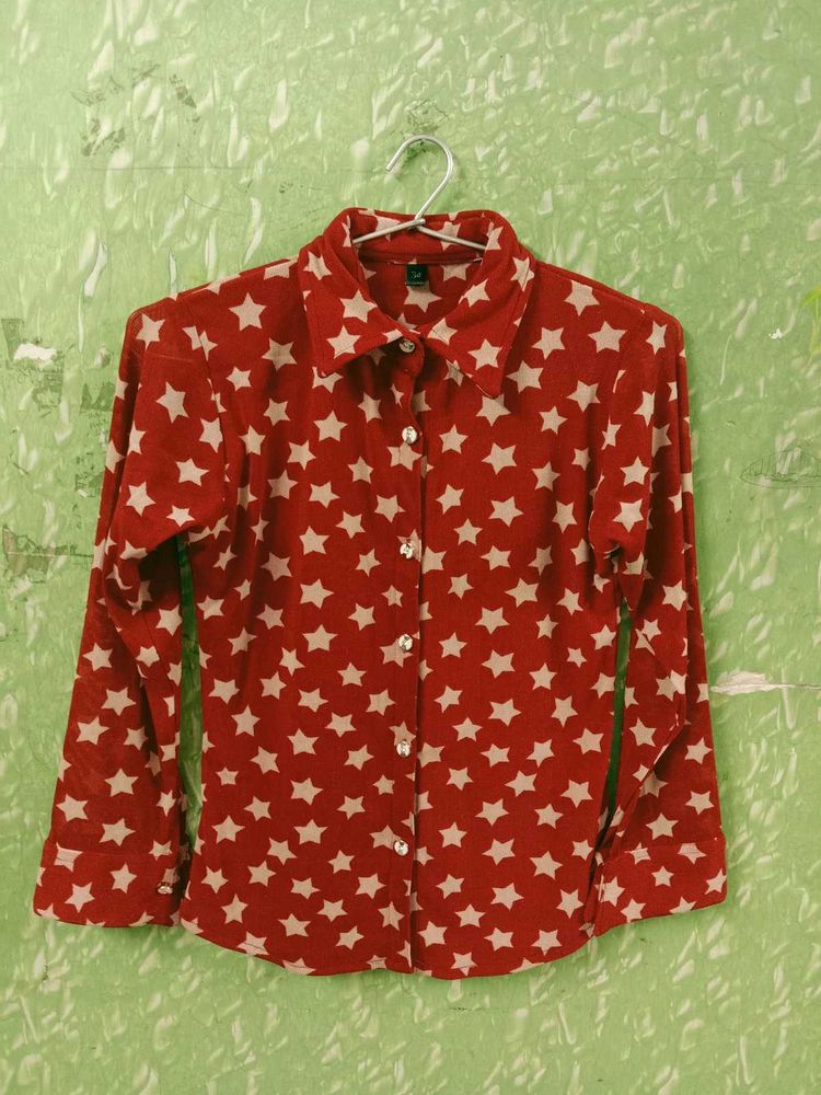 Red Star Print Button Down Shirt Top