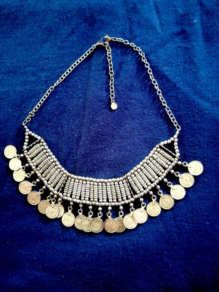 Traditional Silver-Toned Beaded and Coin Necklace