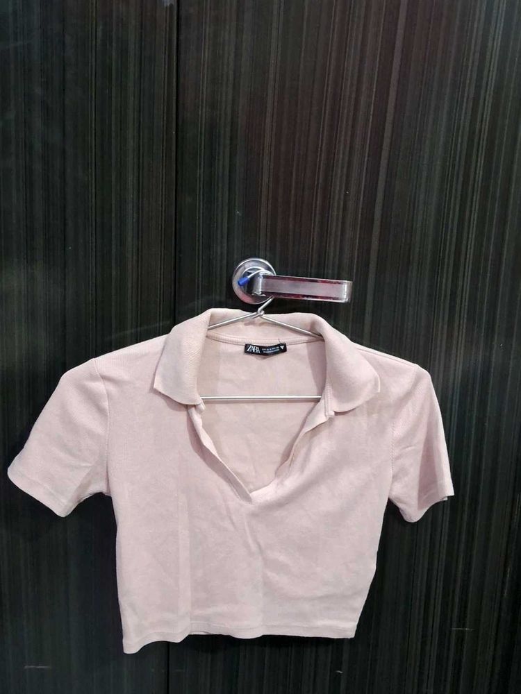 Zara Ribbed Crop Polo Top Size S