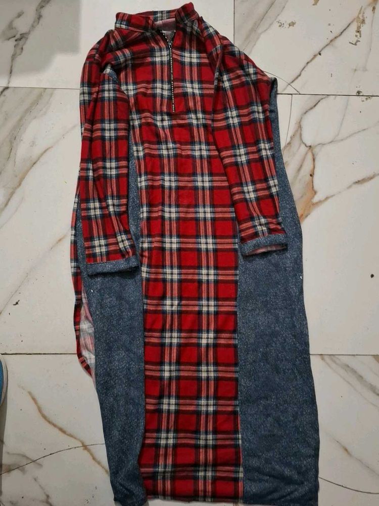 Red Plaid Long Sleeve woollen Dress