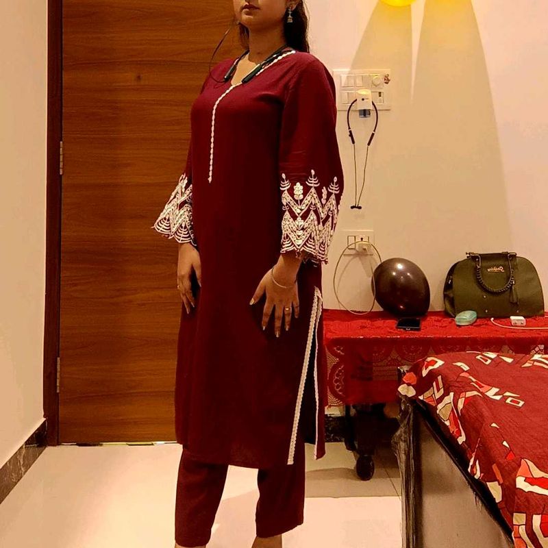 Maroon Embroidered Kurta Set