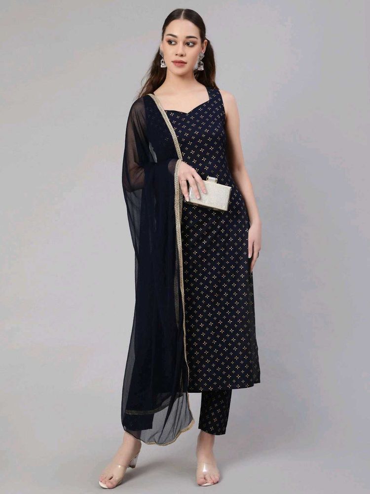 Women Navy Blue Ethnic Print Sleeveless Kurta Set