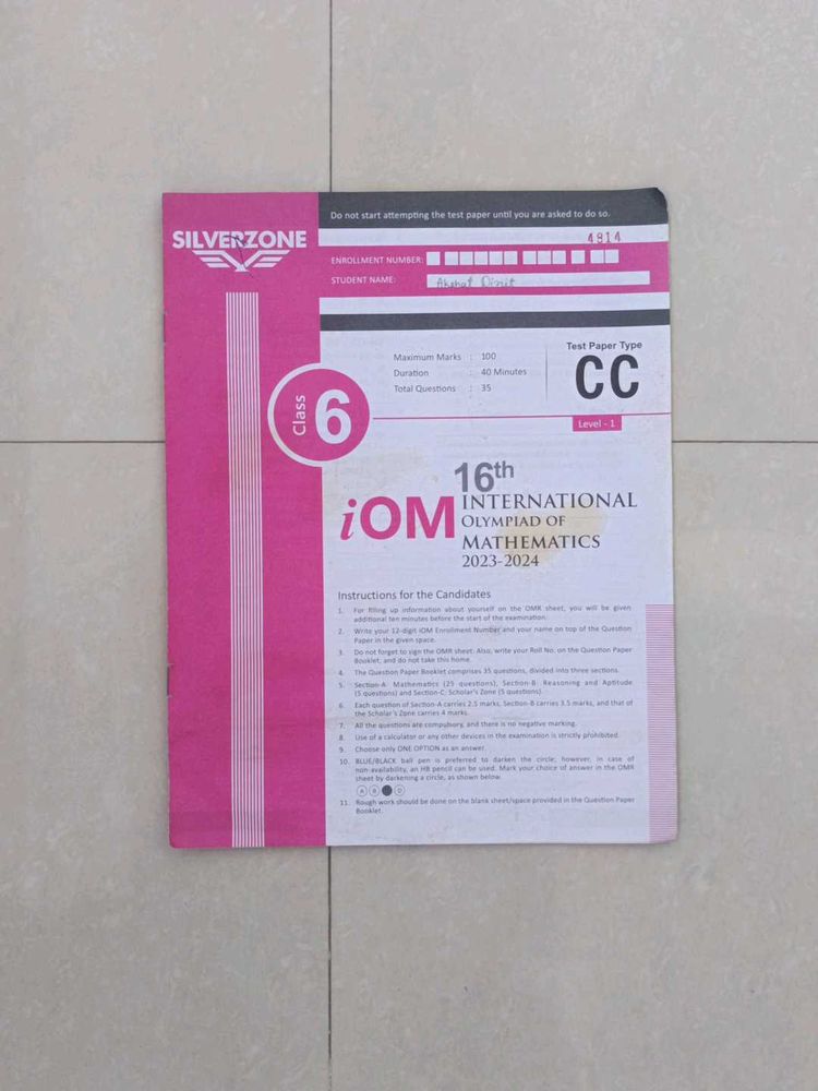 Class 6 IOM Math Olympiad Original Question Paper